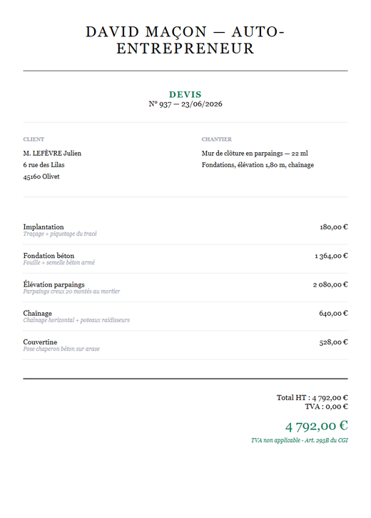 Devis auto-entrepreneur maçonnerie mur clôture parpaings 22 ml