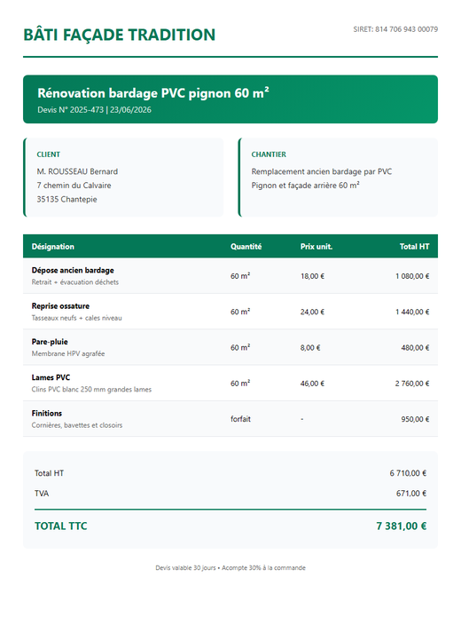 Devis rénovation bardage PVC pignon 60 m²