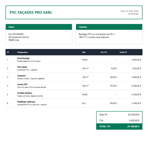 Devis bardage PVC immeuble R+1 180 m² neuf