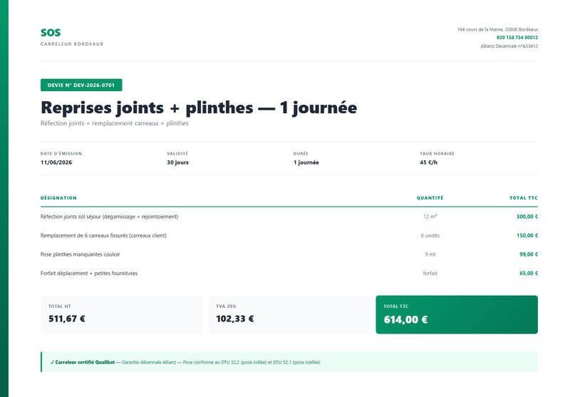 Devis carreleur - Joints et plinthes