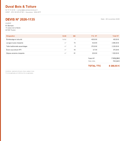 Devis charpente bois - Exemple 5