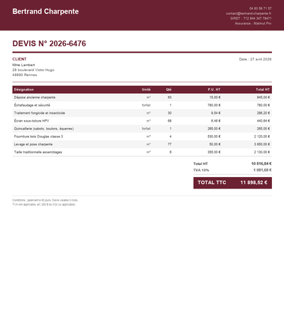 Devis charpente volets bois (×8)
