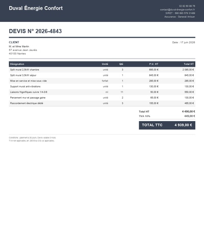 Devis climatisation gainable - Exemple 4
