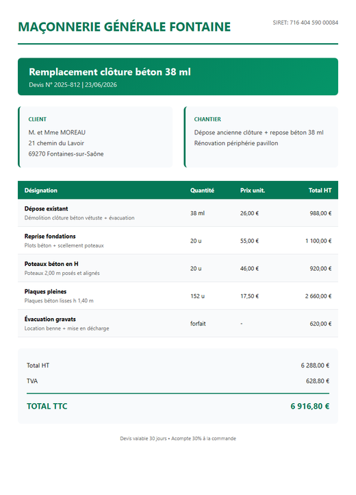Devis remplacement clôture béton 38 ml