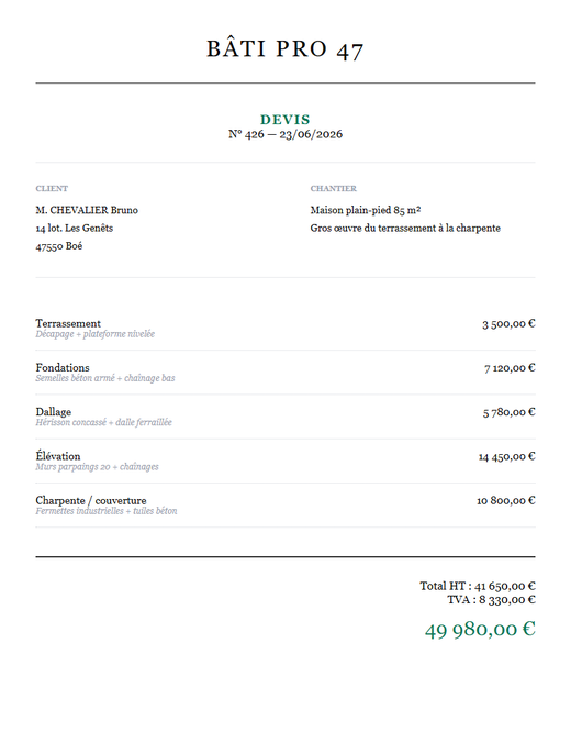 Devis construction maison plain-pied 85 m² gros œuvre