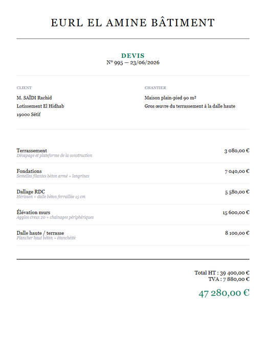 Devis construction maison individuelle Algérie plain-pied 90 m² Sétif