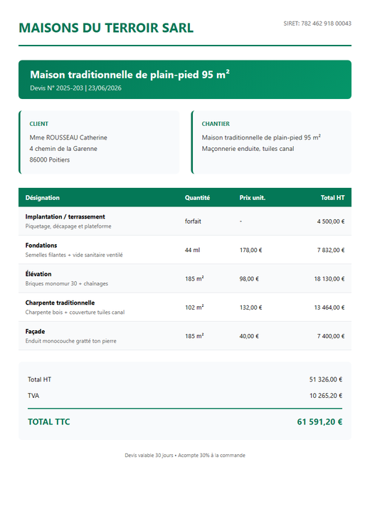 Devis construction maison individuelle traditionnelle plain-pied 95 m²