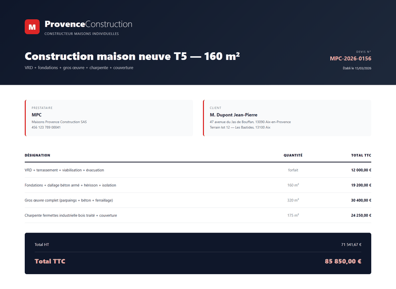 Devis maison neuve T5 160m2