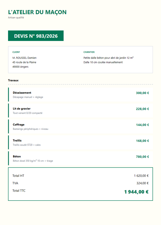 Devis dalle béton abri de jardin 12 m²