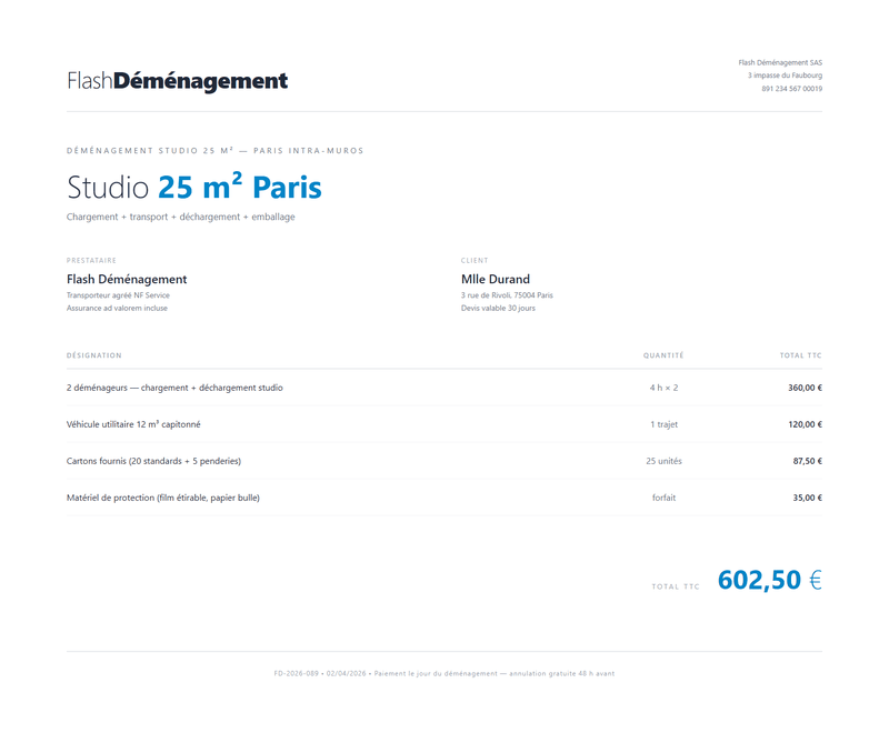 Devis déménagement studio