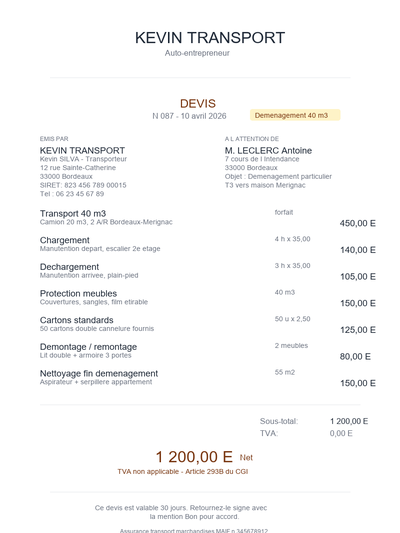 Devis transport AE