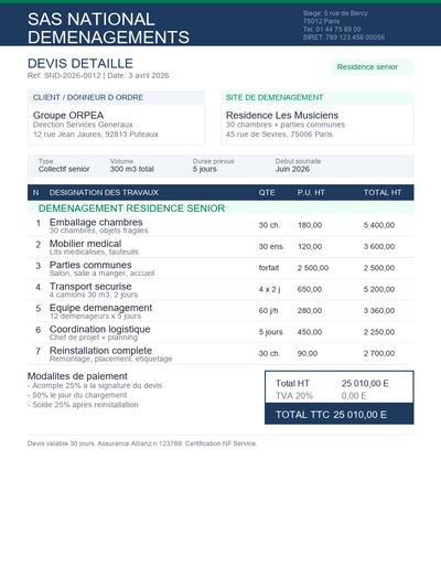 Devis déménagement résidence senior
