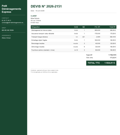 Devis demenagement pdf - Exemple 2