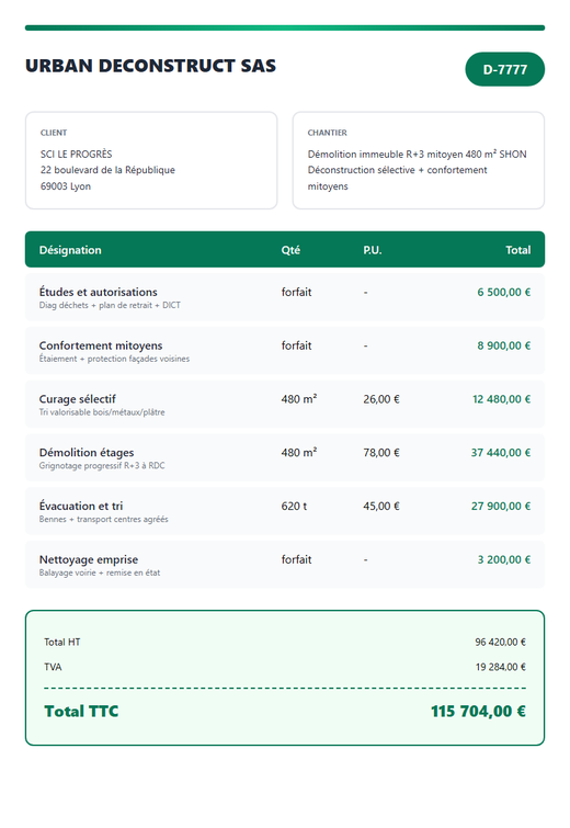 Devis demolition batiment immeuble R+3 milieu urbain