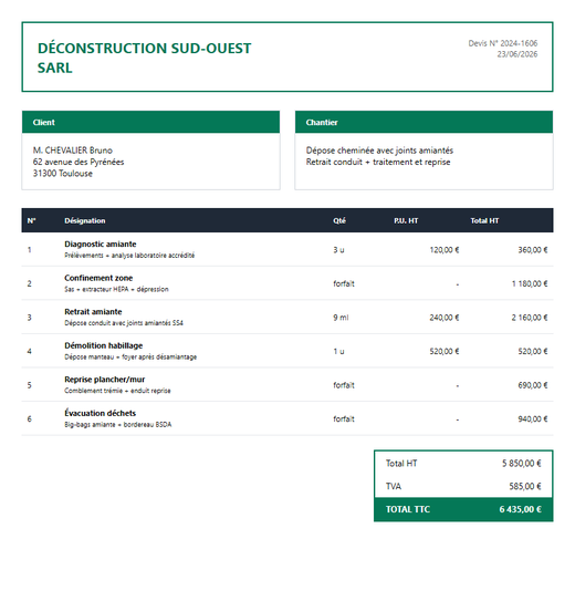 Devis démolition cheminée avec désamiantage des joints et confinement