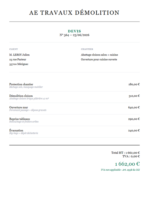 Devis demolition cloison et ouverture mur auto-entrepreneur