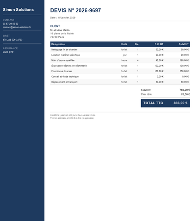 Devis auto-entrepreneur gratuit - Exemple 1
