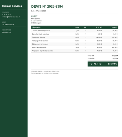 Devis auto-entrepreneur gratuit - Exemple 2