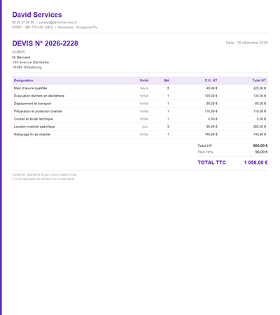 Devis auto-entrepreneur gratuit - Exemple 6