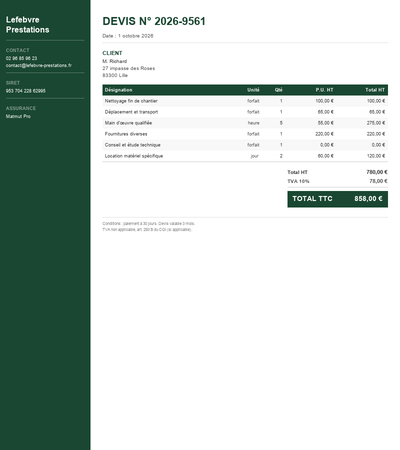 Devis auto entrepreneur sans tva - Exemple 2