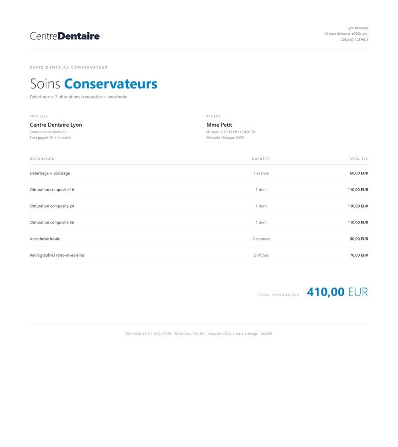 Devis dentaire detartrage + soins conservateurs