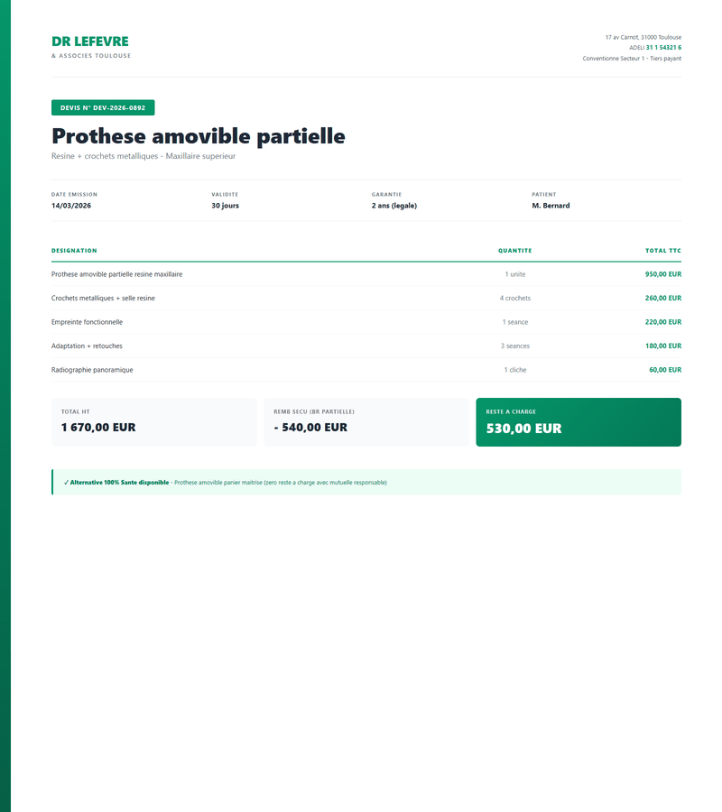 Devis dentaire prothese amovible partielle