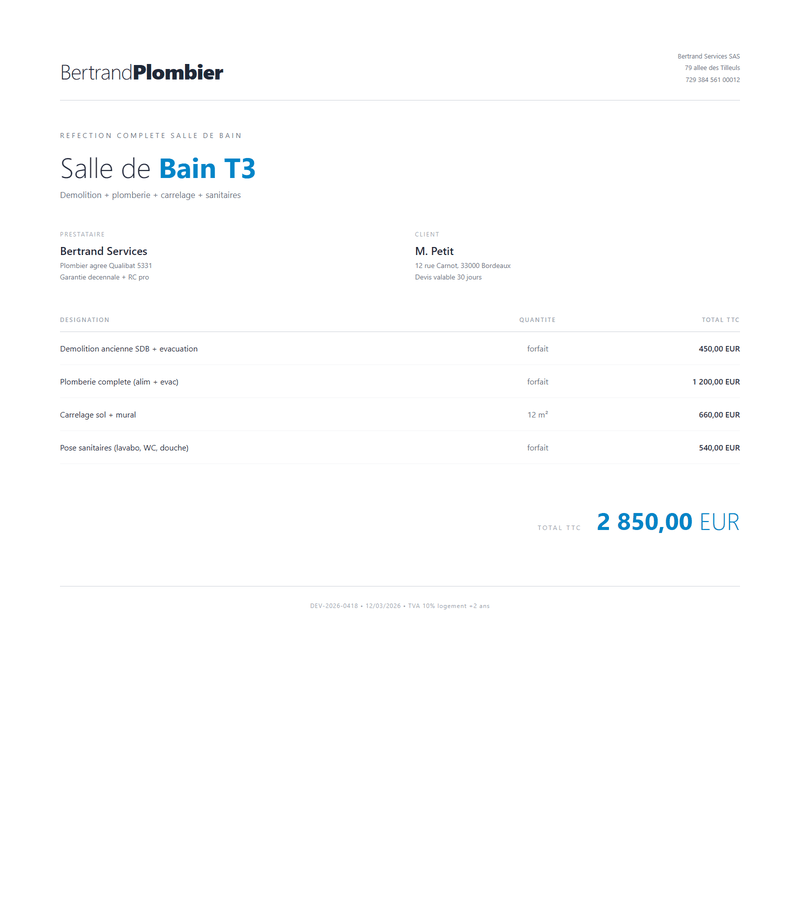 Devis gratuit plomberie salle de bain