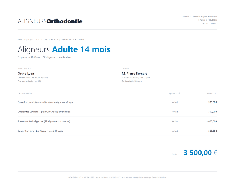 Devis orthodontie Invisalign Lite adulte 14 mois