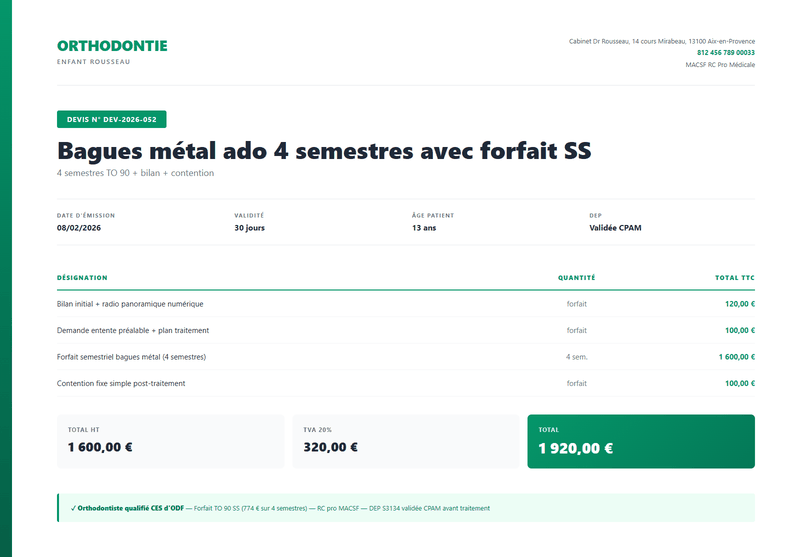 Devis orthodontie enfant forfait SS TO 90