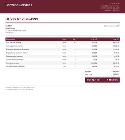 Devis pour auto entrepreneur - Exemple 3