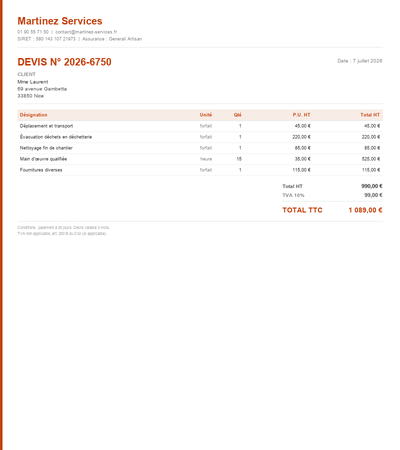 Devis pour auto entrepreneur - Exemple 5