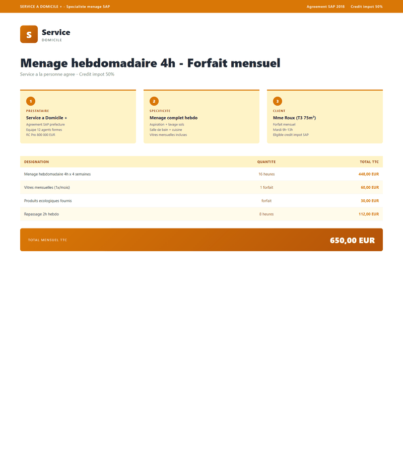 Devis prestation menage hebdomadaire SAP