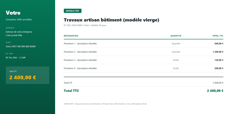 Modele devis vierge artisan batiment standard