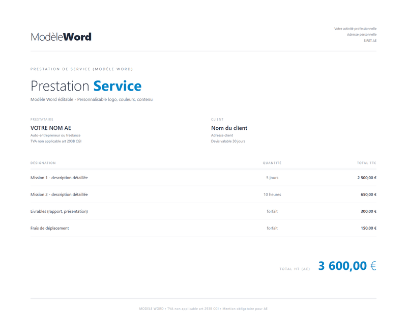 Modele devis vierge prestation service