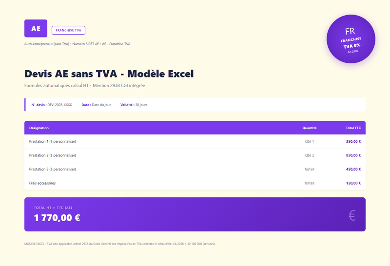 Modele devis vierge auto-entrepreneur sans TVA