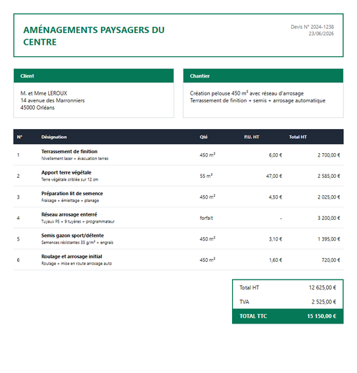 Devis engazonnement 450 m² avec arrosage automatique