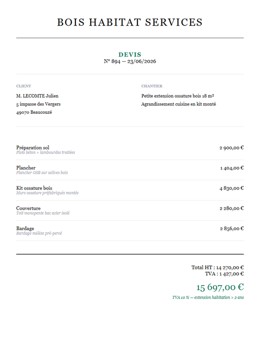 Devis extension bois en kit 18 m² cuisine