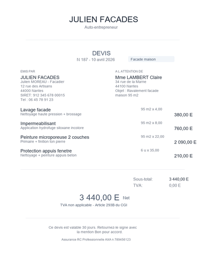 Devis nettoyage façade auto-entrepreneur