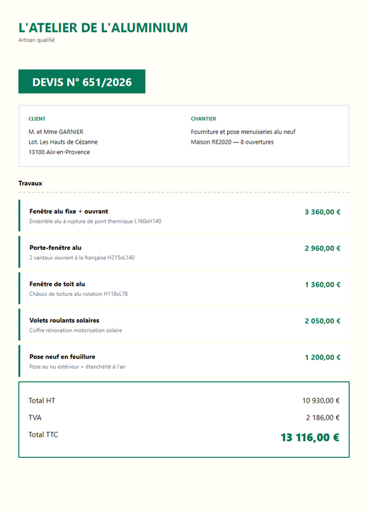 Devis fenêtre alu maison neuve 8 ouvertures RE2020