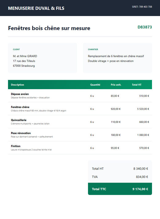 Devis menuiserie bois fenêtres chêne sur mesure double vitrage