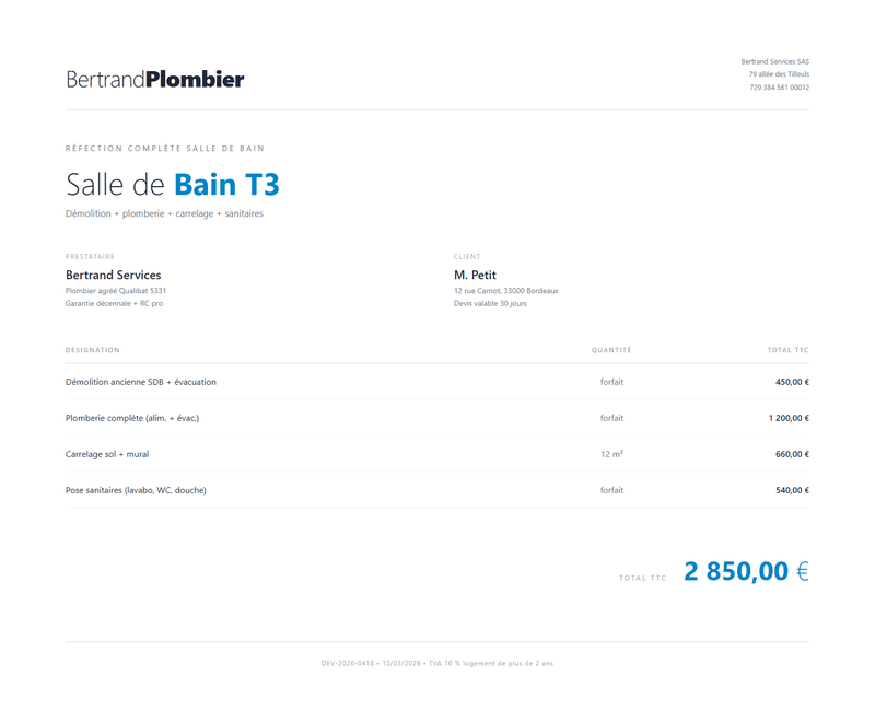 Modèle devis plomberie - mise en page minimaliste
