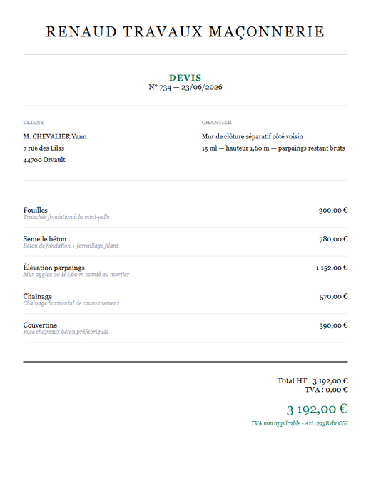 Devis mur de clôture parpaings brut 15 ml séparatif