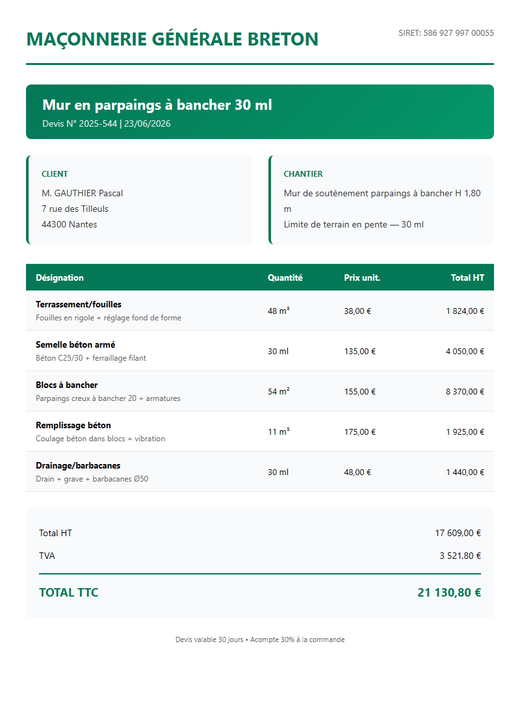 Devis mur de soutènement parpaings à bancher 30 ml