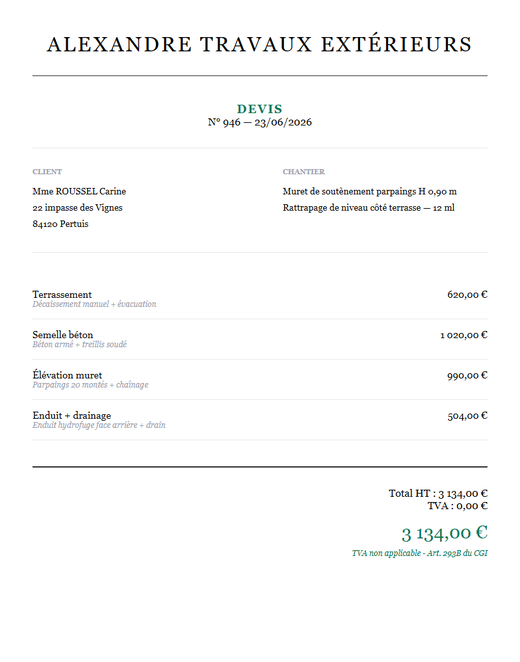 Devis muret de soutènement parpaings auto-entrepreneur 12 ml