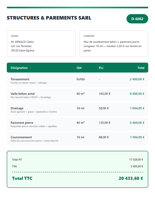 Devis mur en pierre soutènement parement 18 ml