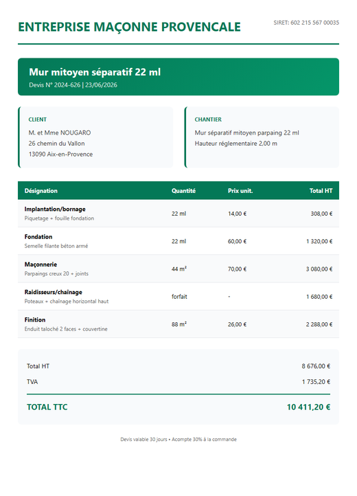 Devis mur parpaing mitoyen séparatif 22 ml