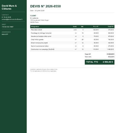 Devis mur en parpaing - Exemple 2