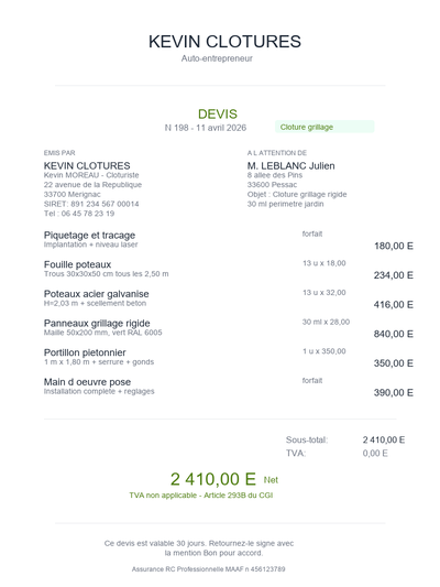 Devis clôture grillage