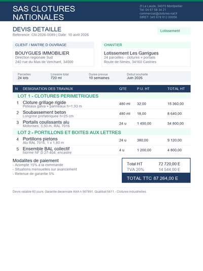 Devis clôtures lotissement