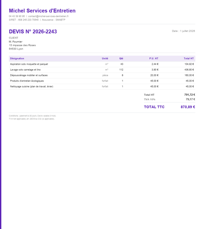 Devis auto-entrepreneur nettoyage - Exemple 6